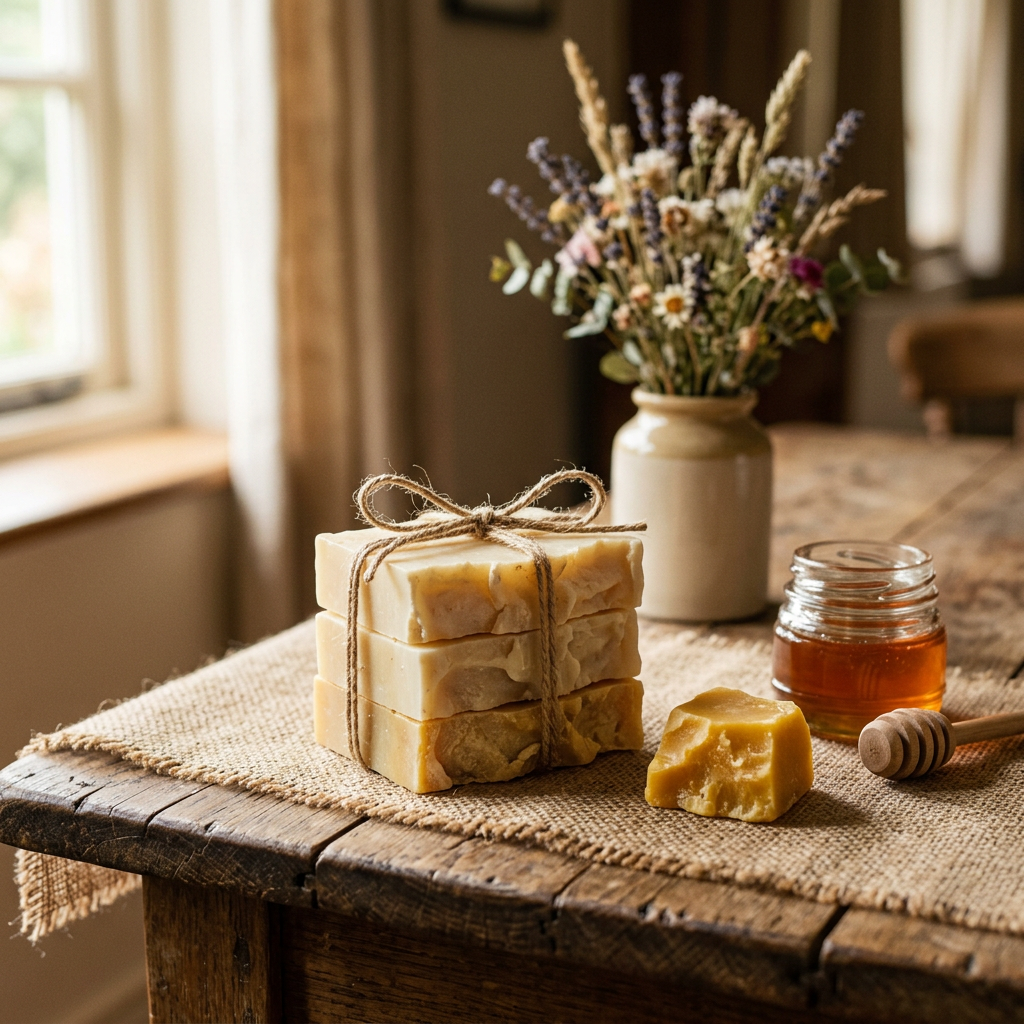 Rustic soap storefront card with twine-tied handmade soaps, honey and beeswax